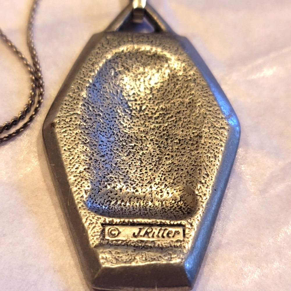 VTG J. Ritter Signed Pewter Owl Necklace With Blue Eyes, Silver Tone 24" - Picture 5 of 6